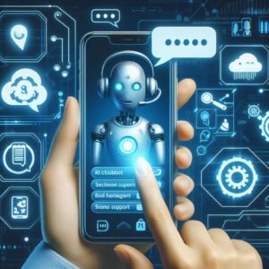 Atendimento ao Cliente com IA_ Um chatbot interagindo com um cliente em um dispositivo móvel, com ícones de mensagens e suporte técnico ao redor