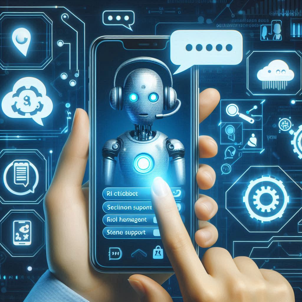 Atendimento ao Cliente com IA_ Um chatbot interagindo com um cliente em um dispositivo móvel, com ícones de mensagens e suporte técnico ao redor