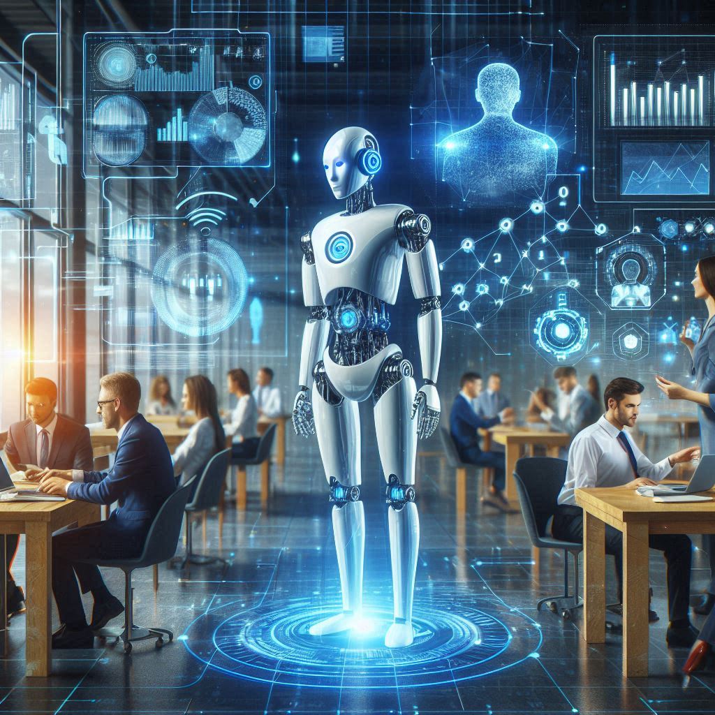 Transformação Digital com IA_ Uma imagem de um escritório moderno onde robôs e humanos trabalham juntos em harmonia, com gráficos de dados e hologramas de IA ao fundo.