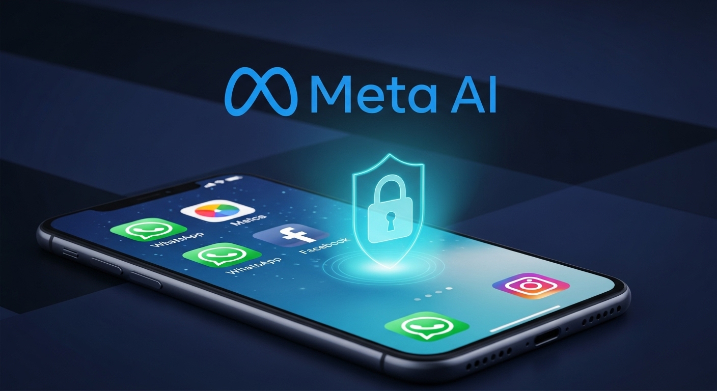 Imagem mostrando ícones de WhatsApp, Facebook, Instagram e o logotipo da Meta AI com um cadeado representando privacidade, representando o foco do artigo que é desativar Meta AI
