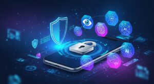 Ilustração moderna mostrando um smartphone com ícones de cadeado, privacidade digital e IA. Proteger dados pessoais em 2025 exige ajustes de privacidade importantes.