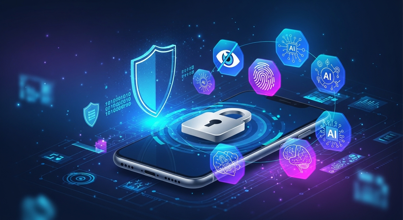 Ilustração moderna mostrando um smartphone com ícones de cadeado, privacidade digital e IA. Proteger dados pessoais em 2025 exige ajustes de privacidade importantes.