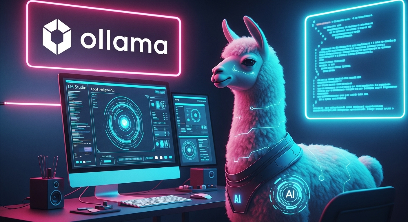 Llama futurista representando o Ollama operando IA local no LM Studio em um ambiente tecnológico neon.