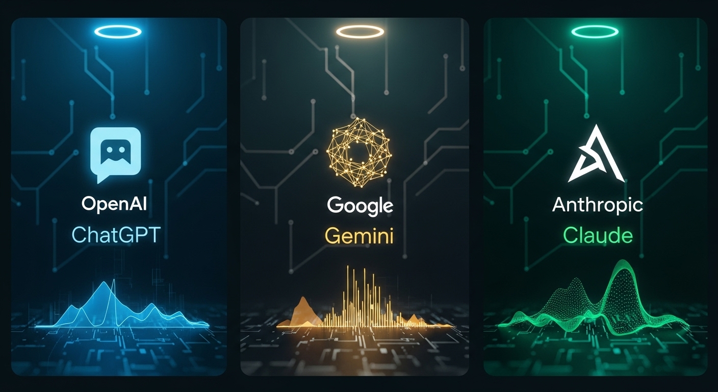 omparativo visual entre ChatGPT vs Gemini vs Claude — estilo moderno, futurista, com fundo escuro azul petróleo e detalhes em neon.
