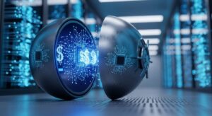 A estética enfatiza proteção digital como infraestrutura física e tangível.