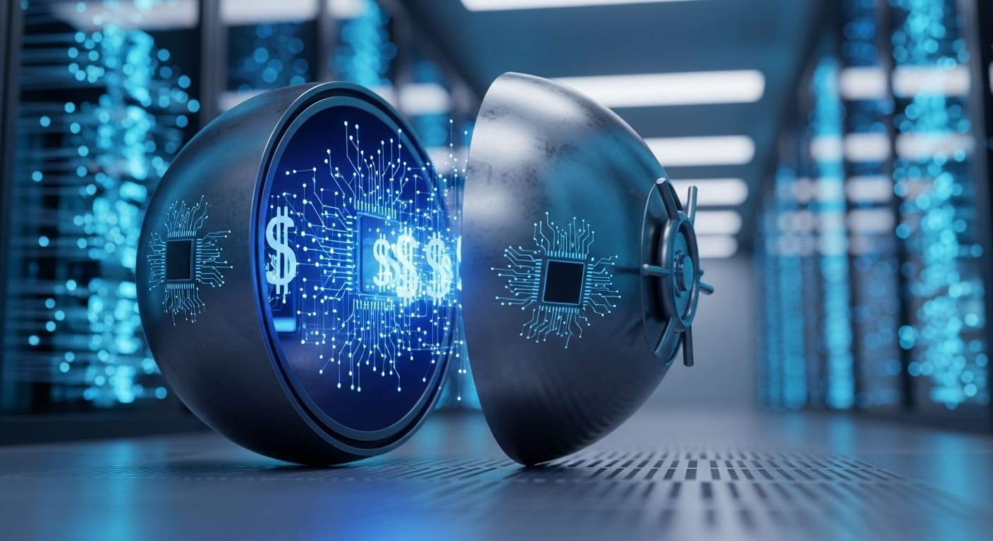 A estética enfatiza proteção digital como infraestrutura física e tangível.