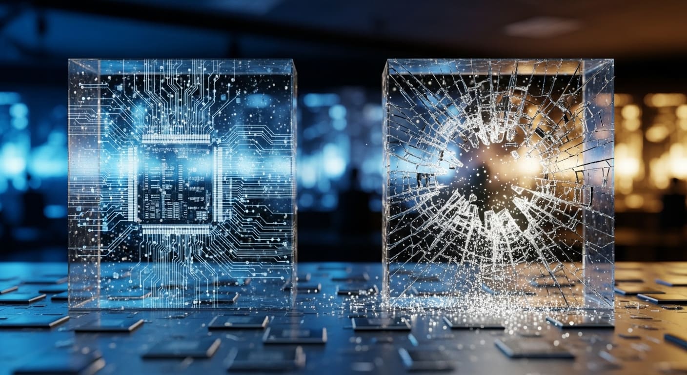 A composição traduz casos reais como um contraste físico entre proteção sólida e rupturas críticas.