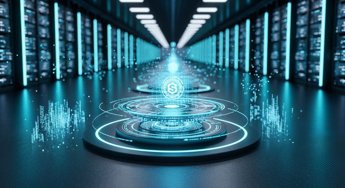 A composição traduz o futuro da Segurança e privacidade ao usar IA em finanças como um ecossistema colaborativo e tecnologicamente estratificado.