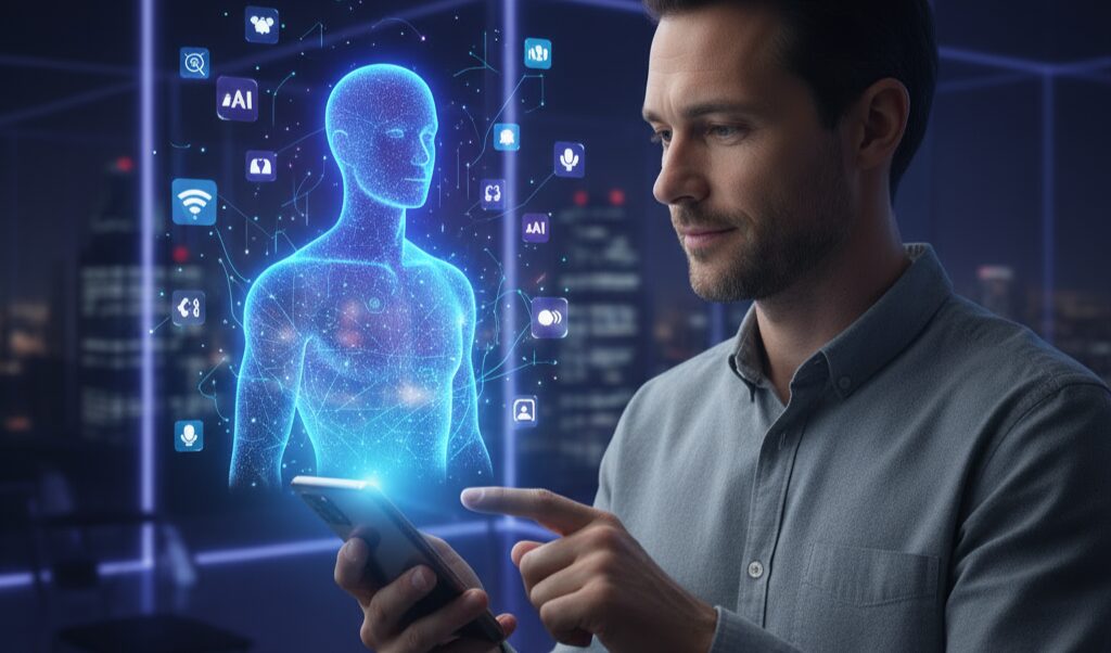 Pessoa usando um assistente de voz com IA no celular para organizar tarefas.