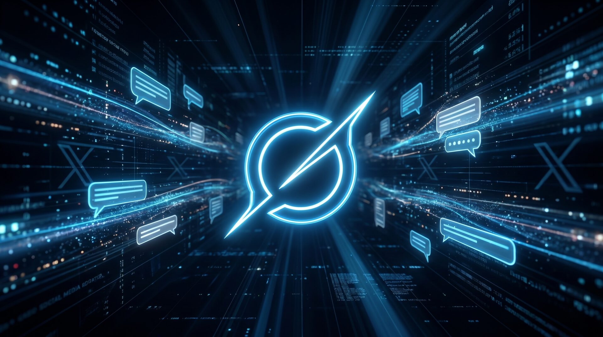 Logo Grok em neon com fluxos de dados em tempo real e balões de mensagem, representando o Grok, a IA da xAI integrada ao X