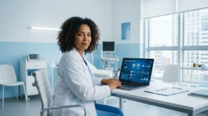 Doutora numa clinica médica com laptop