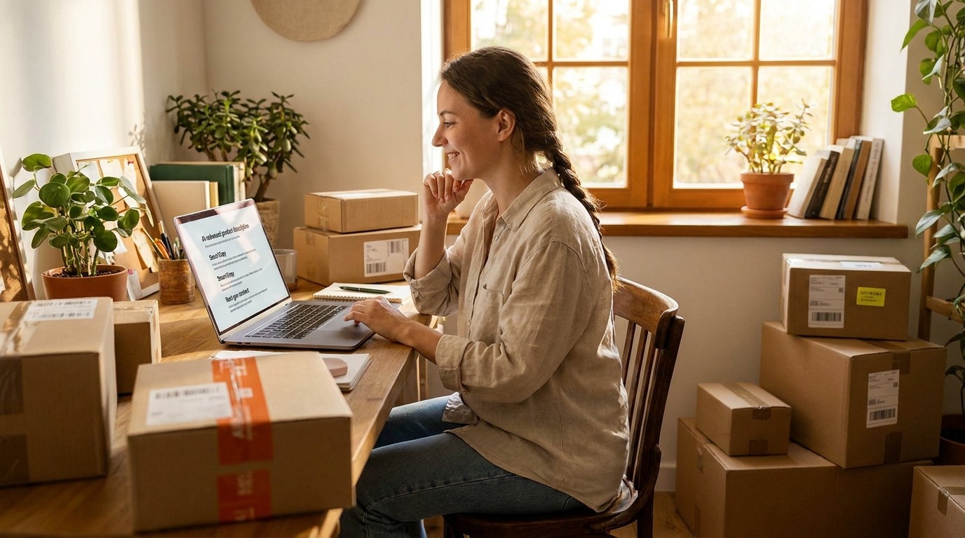 Mulher usando notebook com Prompts ChatGPT para e-commerce