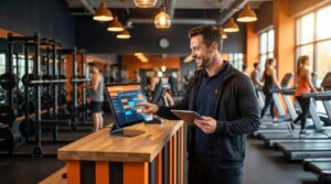 Homem com tablet usando IA para academia de ginástica