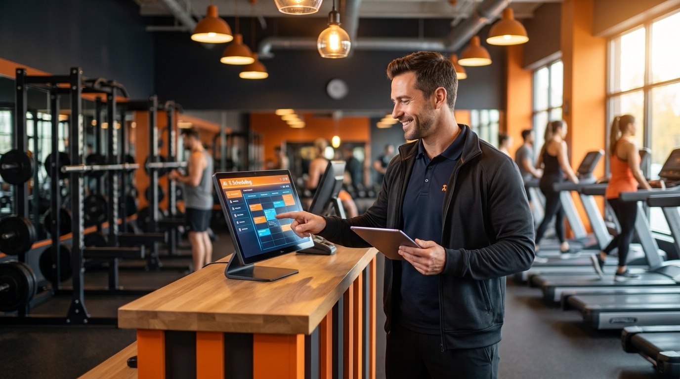 Homem com tablet usando IA para academia de ginástica