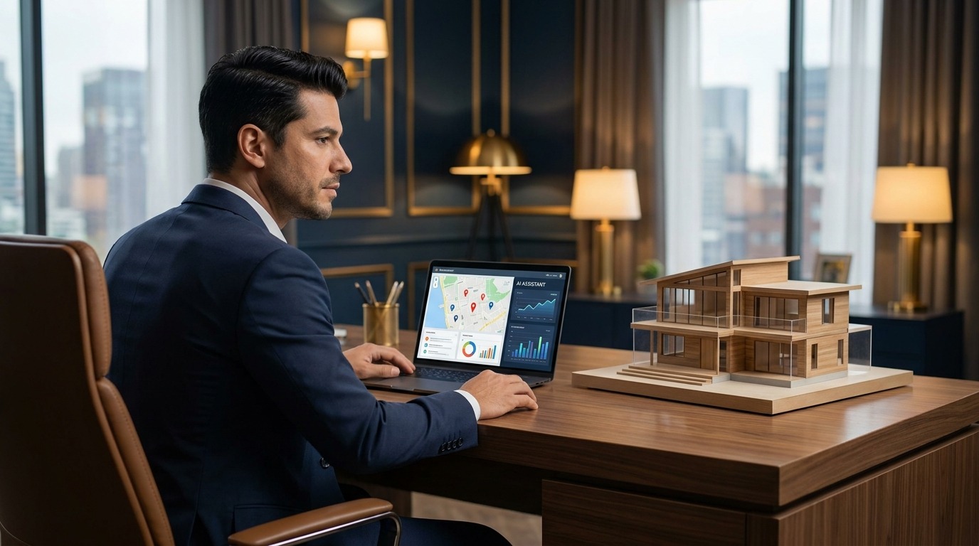 Homem na mesa usando notebook para mostrar IA para imobiliária