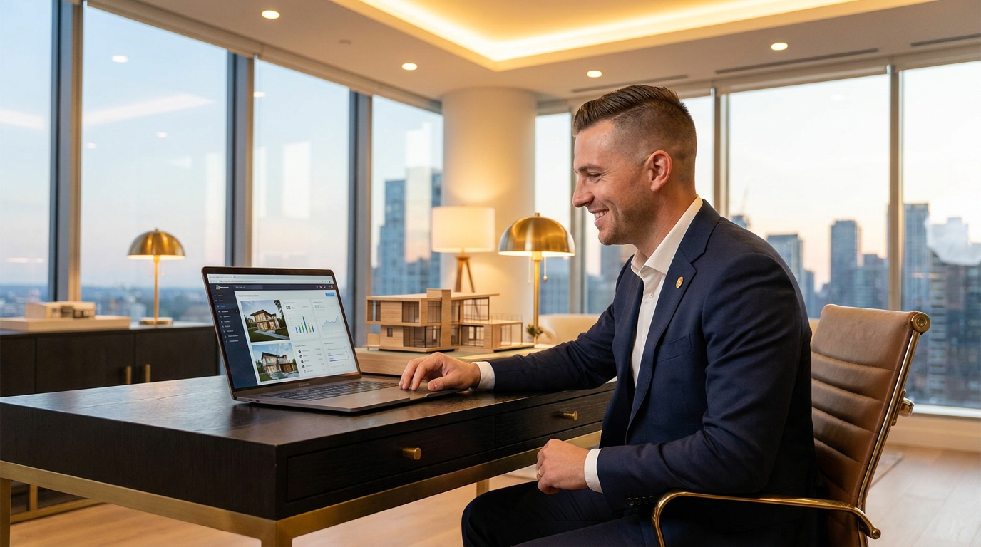 Homem sentado a mesa com notebook ensinando como usar IA para calcular financiamento imobiliário