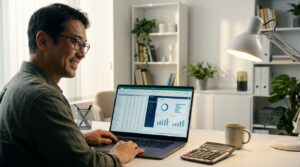 Homem usando notebook com IA para criar planilha automaticamente