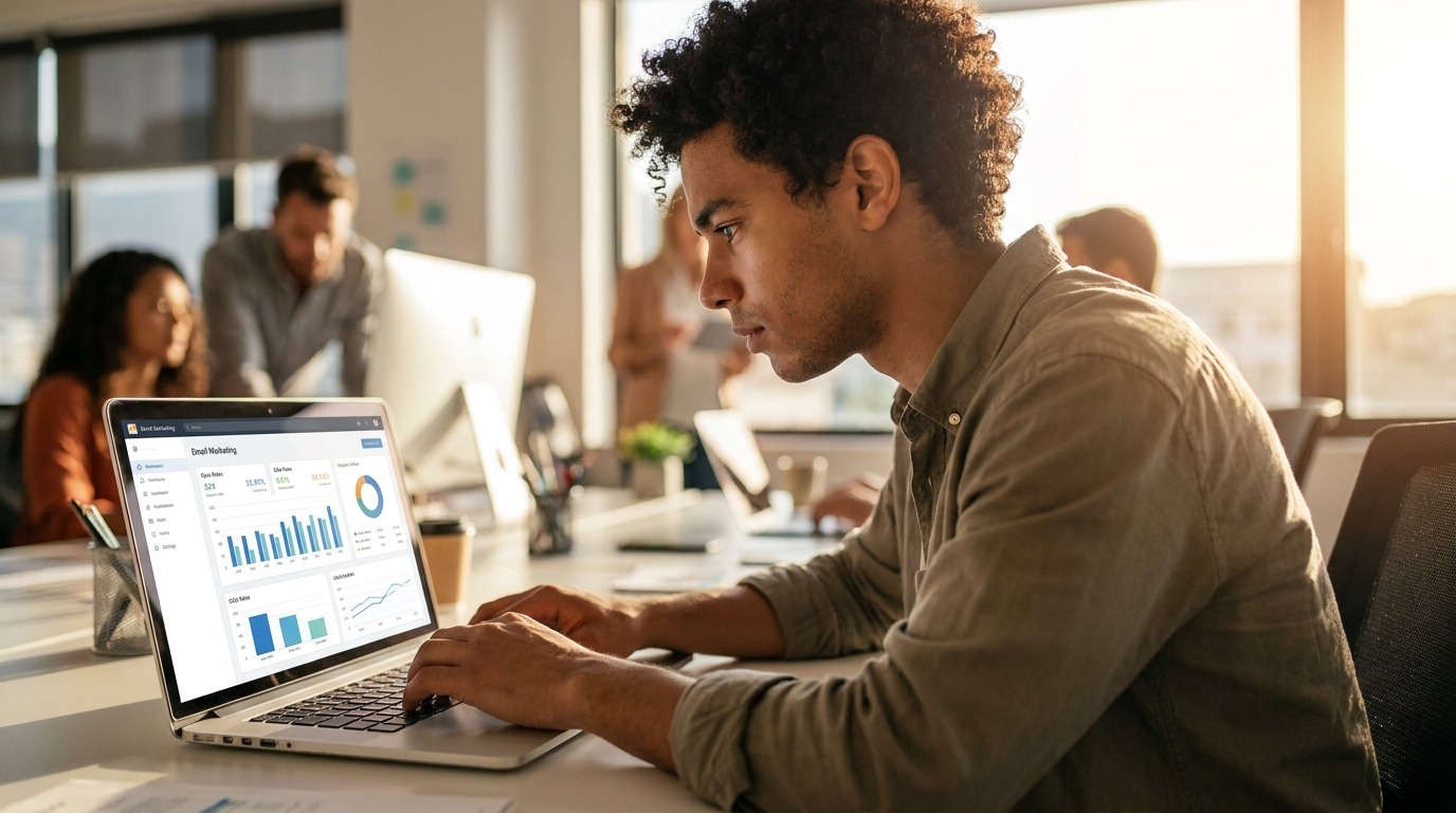 Homem com laptop gerenciando uma campanha e usando Prompts de IA para email marketing