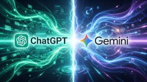 ChatGPT vs Gemini: ilustração de duas interfaces de IA lado a lado em 2026