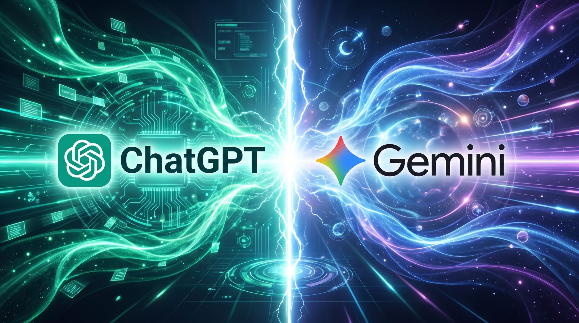 ChatGPT vs Gemini: ilustração de duas interfaces de IA lado a lado em 2026