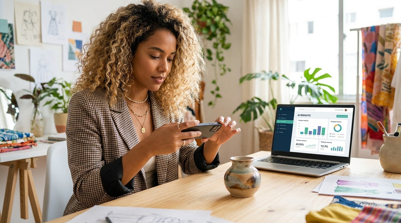 Mulher jovem fotografando um vaso com IA para loja virtual pequena