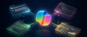 Capa estilo Microsoft Copilot com o emblema bloom em gradiente e superficies de UI