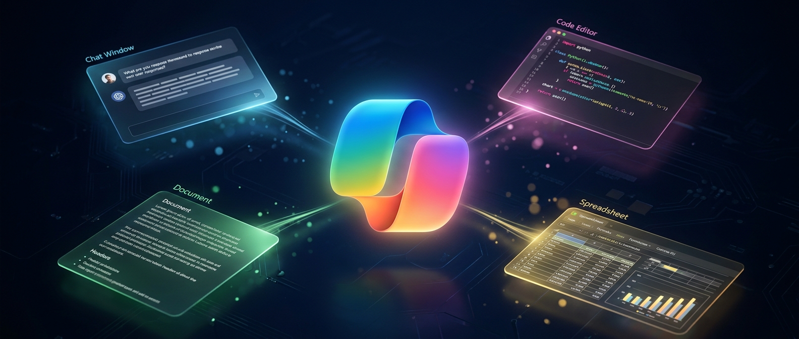 Capa estilo Microsoft Copilot com o emblema bloom em gradiente e superficies de UI