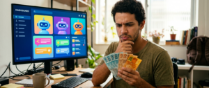 Quanto custa IA no Brasil: pessoa preocupada com o custo das IAs, reais na mão e painel de apps de IA na tela