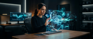 Cena conceitual representando o GPT-5.5 da OpenAI: desenvolvedor usando uma interface de IA holográfica para programação e agentes