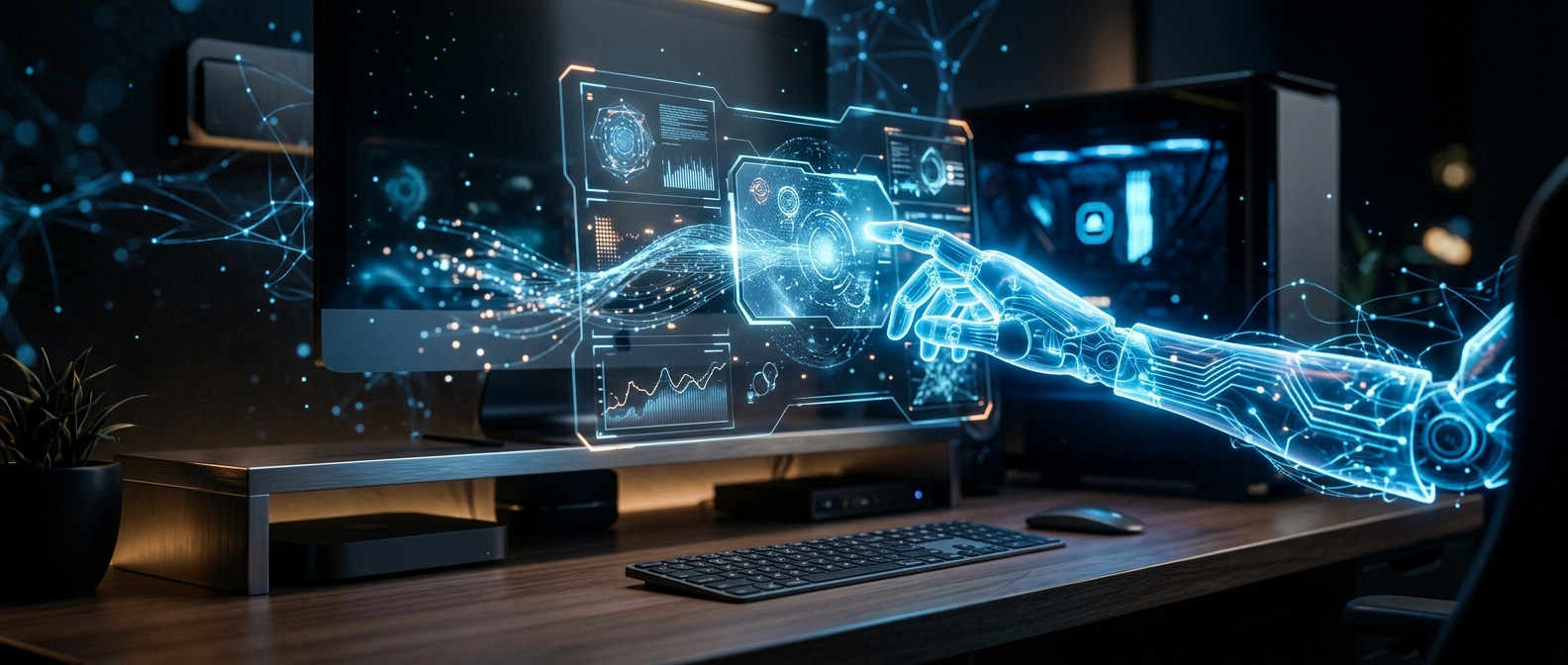 Conceito de agente do GPT-5.5 operando um computador de forma autônoma com interface holográfica