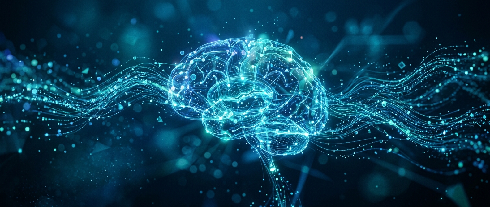 Conceito de IA para programar: fluxos de dados e circuitos luminosos representando inteligência artificial no desenvolvimento de software