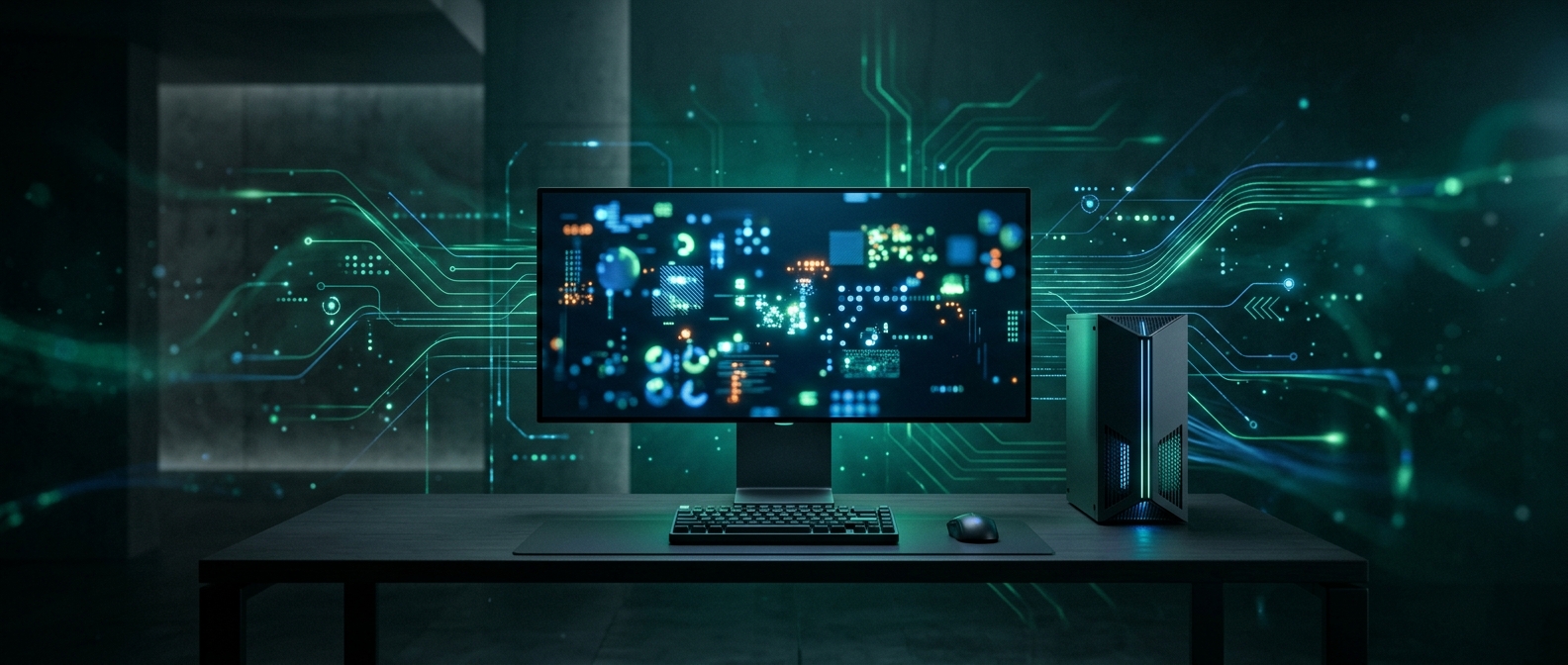 Ferramentas de IA para programar e rodar local: estação de trabalho de desenvolvedor com computador e servidor