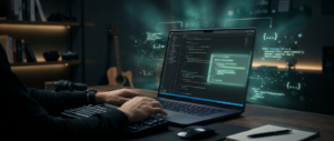 Editor de código escuro com sugestões de IA brilhando em verde-azulado representando o GitHub Copilot