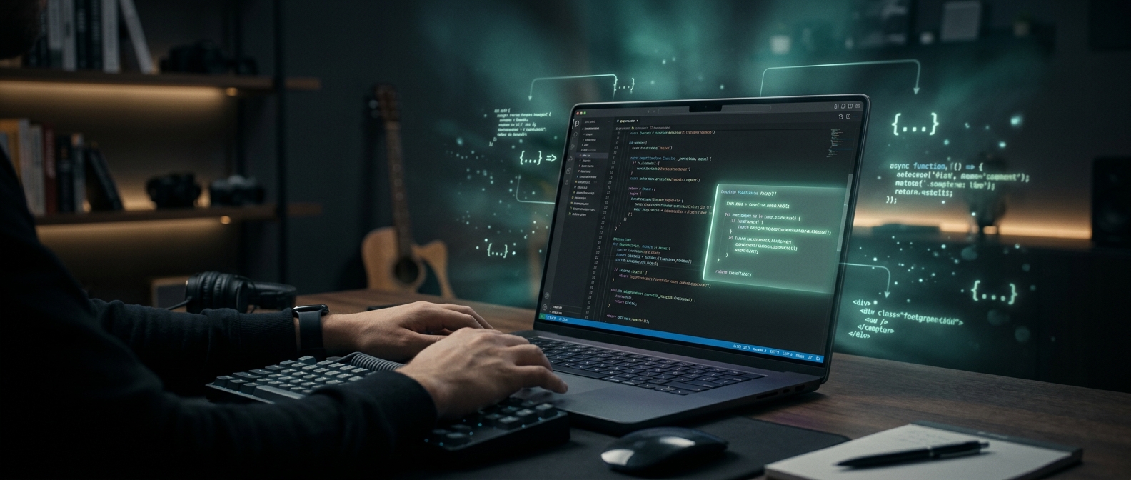 Editor de código escuro com sugestões de IA brilhando em verde-azulado representando o GitHub Copilot