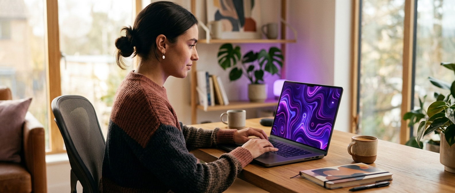 Pessoa usando o Qwen Chat, assistente de IA multilíngue da Alibaba, em um notebook