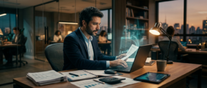 IA para contadores trabalhando com documentos contábeis, calculadora e notebook