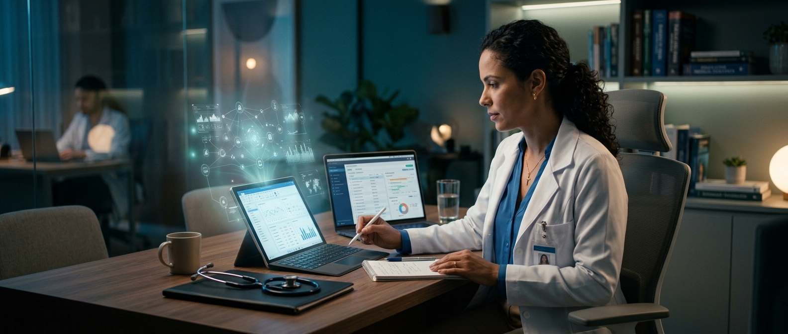 IA para médicos: profissional revisando exames e prontuário em tablet e notebook