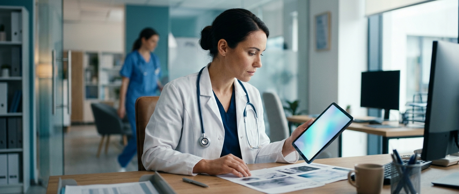 IA para médicos resumindo exames e laudos longos em tablet