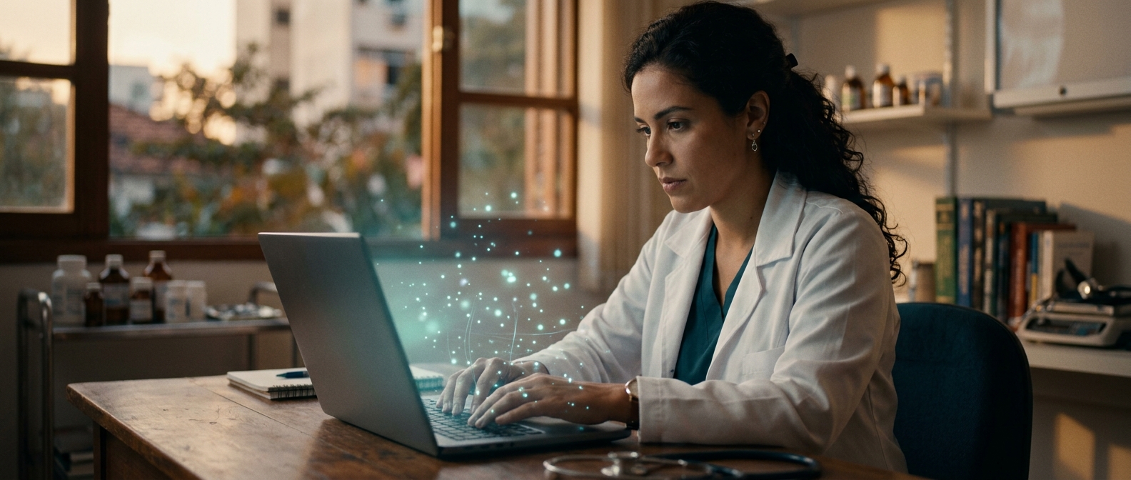 IA para médicos estruturando anotações da consulta em prontuário no notebook