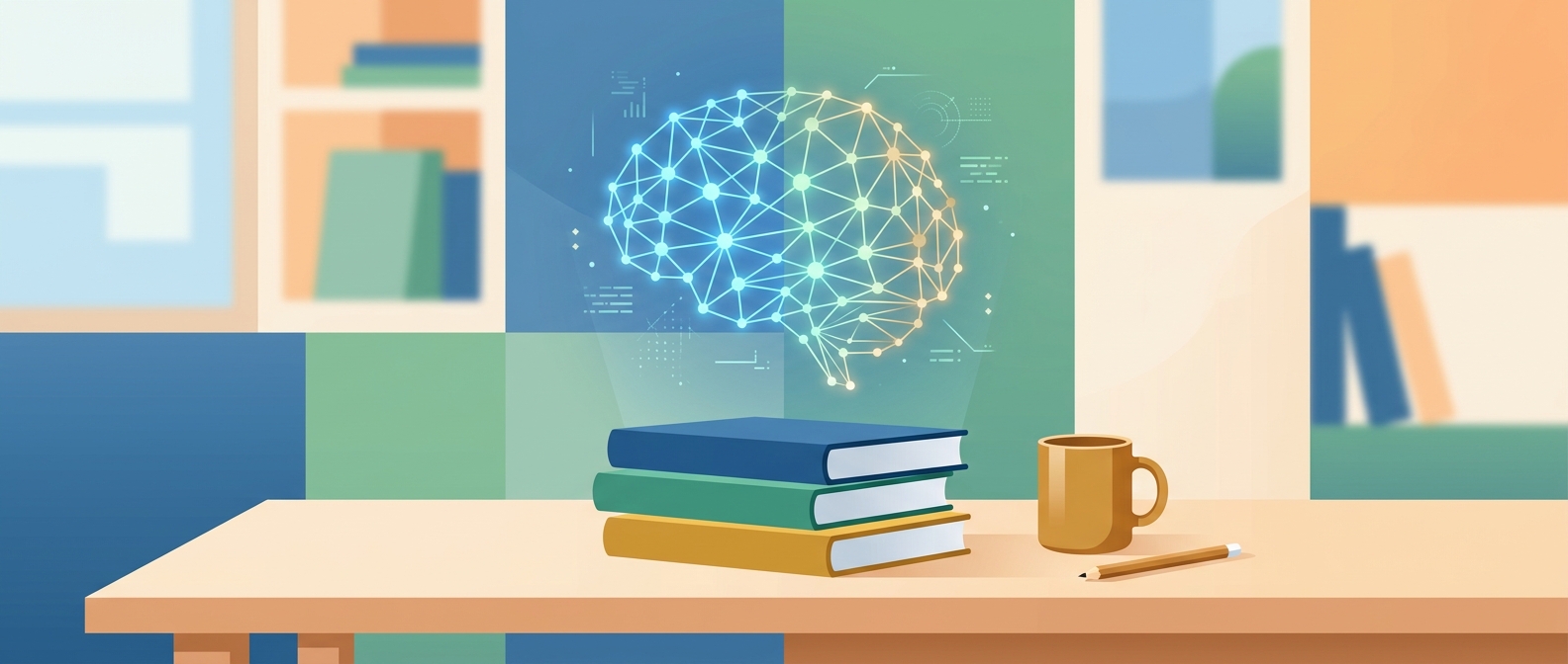 Ilustração abstrata de inteligência artificial ajudando nos estudos para concurso com livros e cérebro neural
