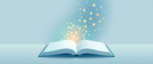 Ilustração conceitual de um livro aberto de páginas em branco dissolvendo-se em partículas de luz e nós de rede neural, representando aprender com inteligência artificial