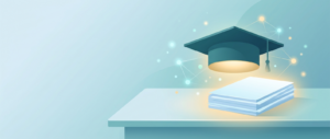 Ilustração conceitual de um capelo de formatura e folhas em branco cercados por nós de rede neural luminosos, representando fazer o TCC com inteligência artificial