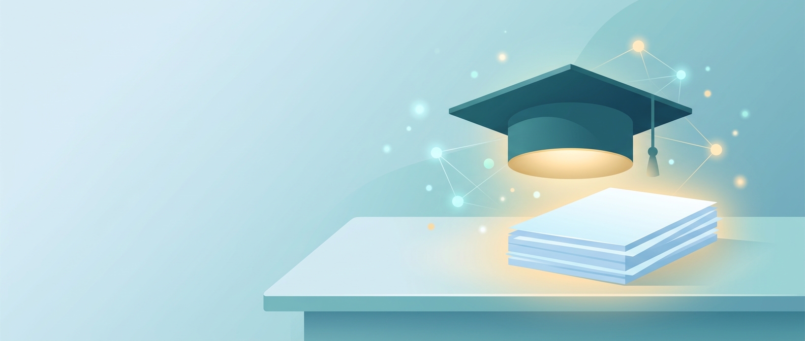 Ilustração conceitual de um capelo de formatura e folhas em branco cercados por nós de rede neural luminosos, representando fazer o TCC com inteligência artificial