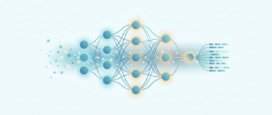 Ilustração conceitual de uma rede neural luminosa recebendo partículas de dados e formando padrões, representando o aprendizado de máquina