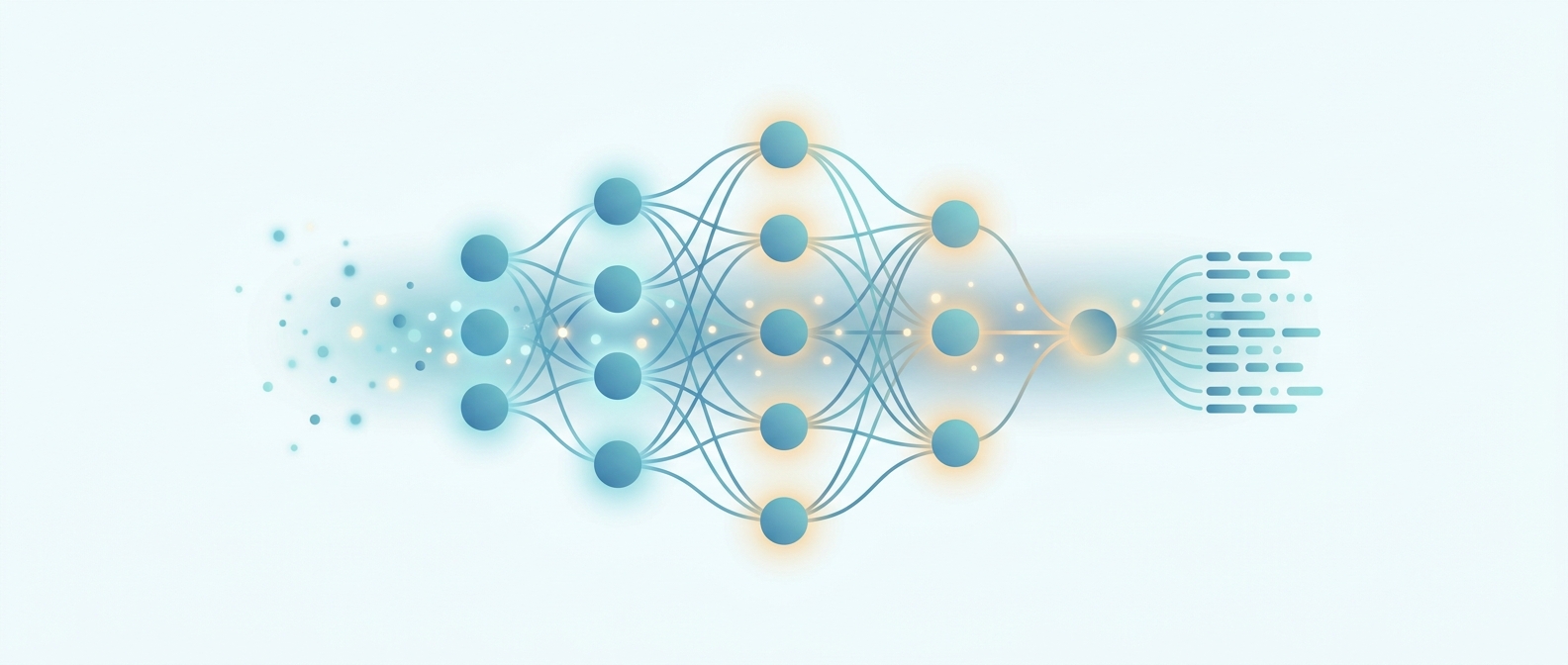 Ilustração conceitual de uma rede neural luminosa recebendo partículas de dados e formando padrões, representando o aprendizado de máquina