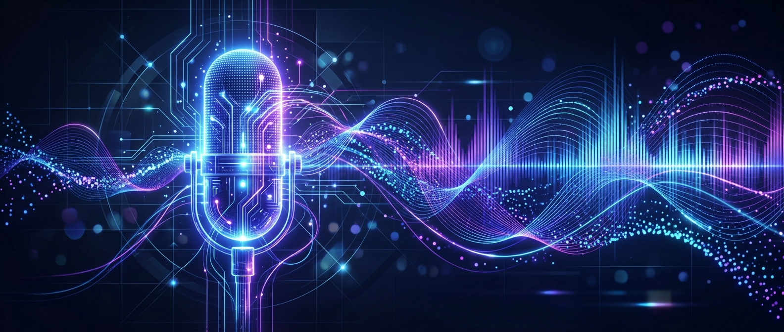 Conceito abstrato de IA de voz com ondas sonoras saindo de um microfone luminoso