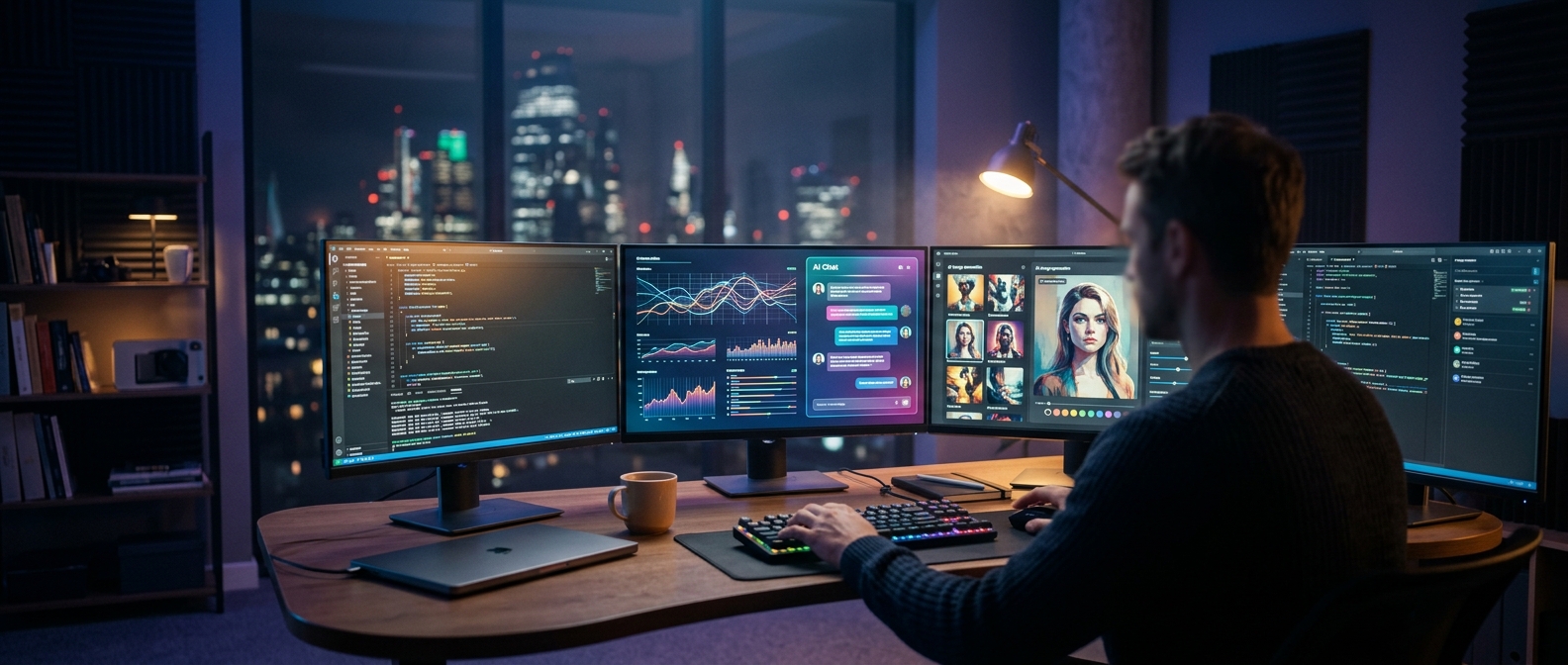 Espaço de trabalho moderno com telas mostrando interfaces de ferramentas de IA em 2026