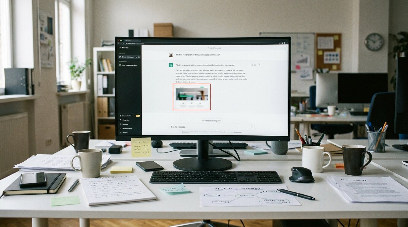 Monitor exibindo interface de chat de IA em mesa de escritório de marketing