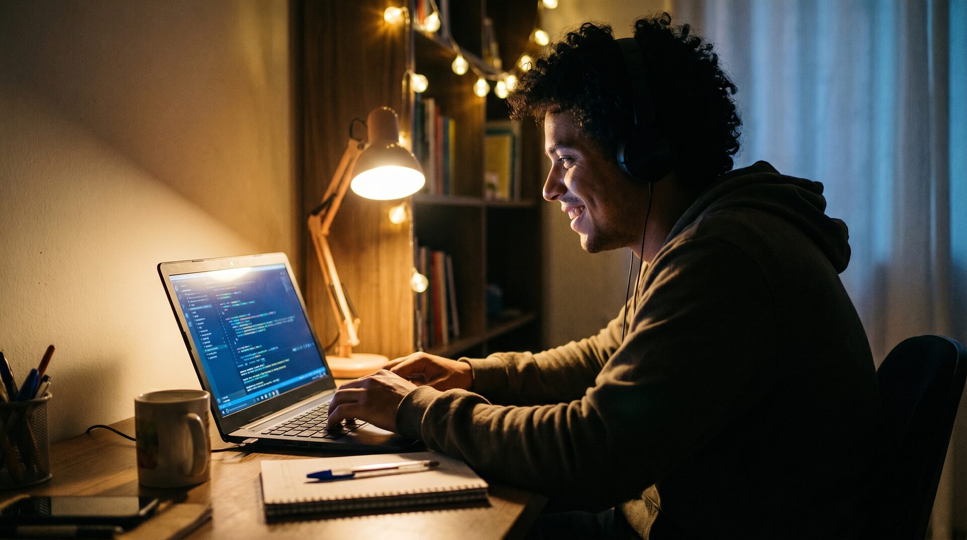 Jovem estudante aprendendo a programar à noite em frente ao notebook com editor de código