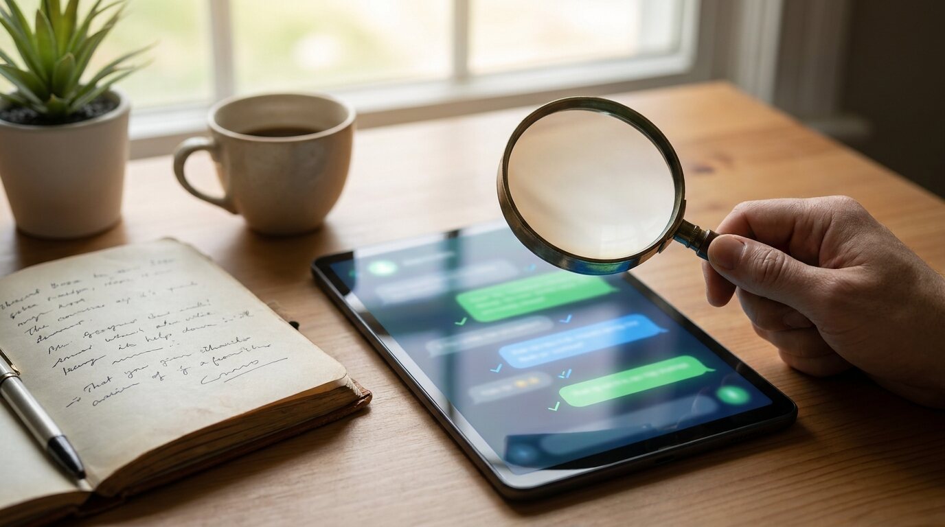 Lupa sobre tablet exibindo conversa de chat com inteligência artificial